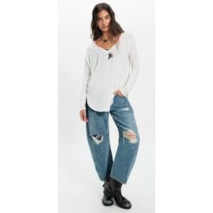 WE THE FREE White Cotton Nina Long Sleeve V Neck T Shirt XL Boxy Boho
